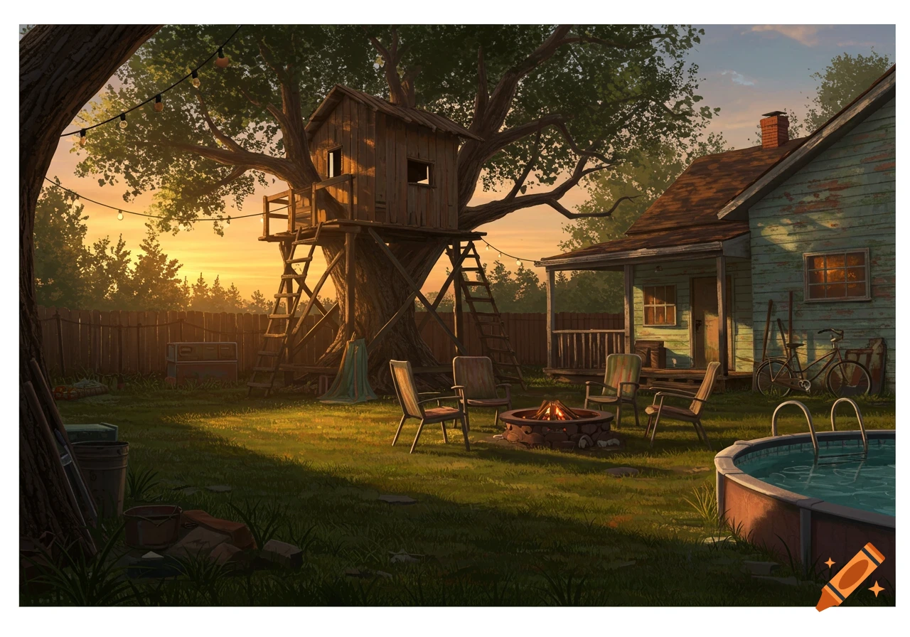 An illustrated backyard scene at sunset with a treehouse, a rundown house, a firepit with chairs, and an above-ground pool.