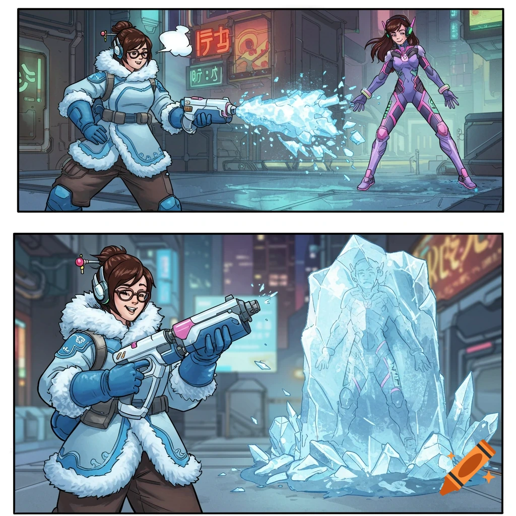 Mei from Overwatch fires her freeze ray at D.Va in the first panel, and D.Va is frozen in ice in the second panel, in a comic book style.