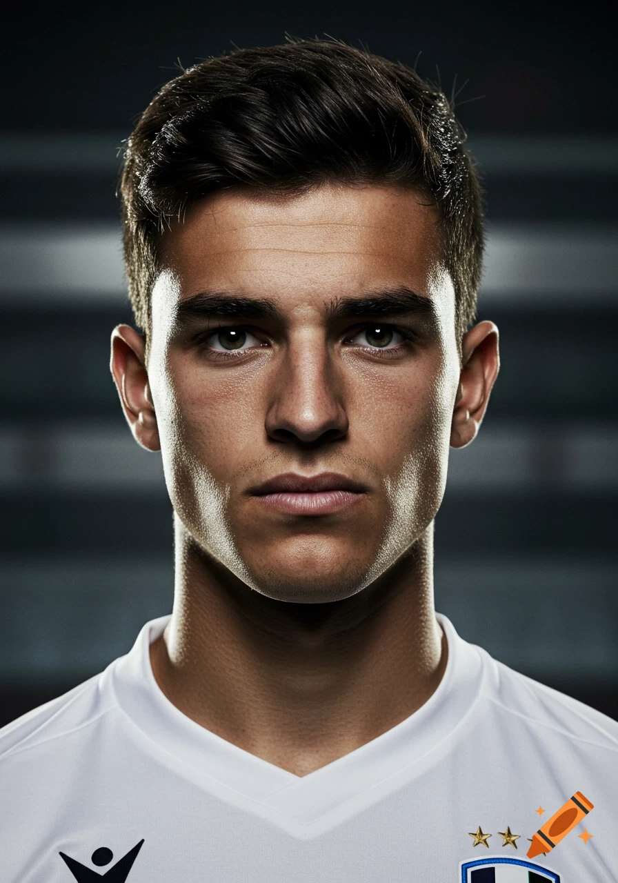 Close-up portrait of a young man with dark hair in a white football jersey, looking directly at the camera.