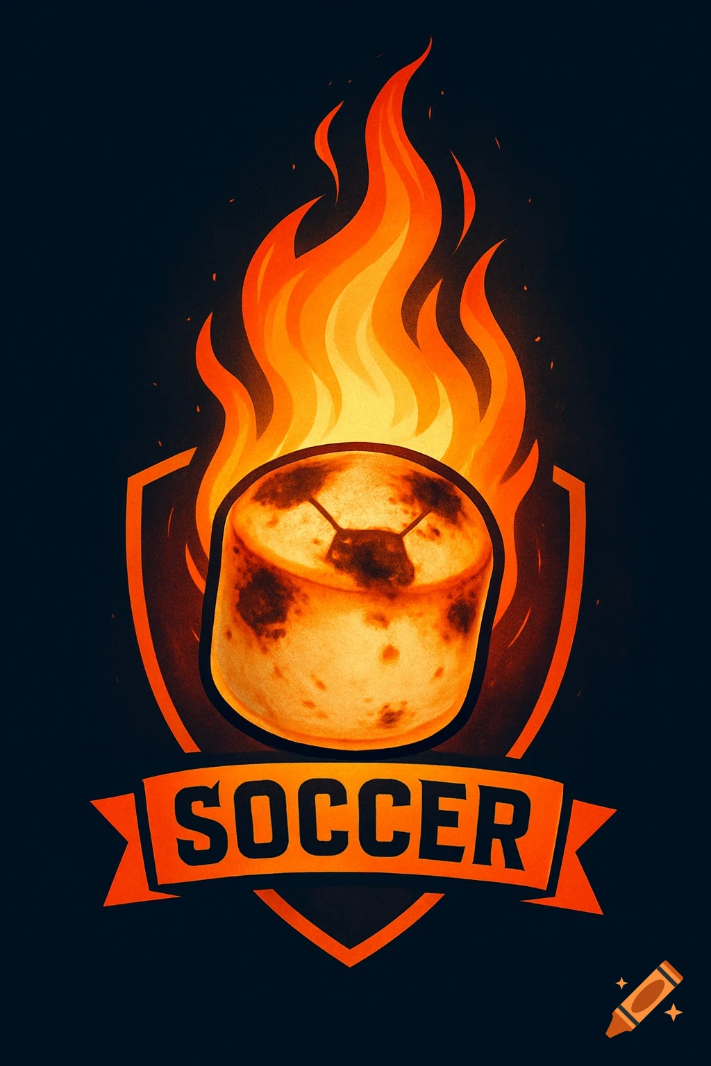 Stylized soccer logo with a toasted marshmallow burning in flames, set within a shield and a banner with 'SOCCER' text.
