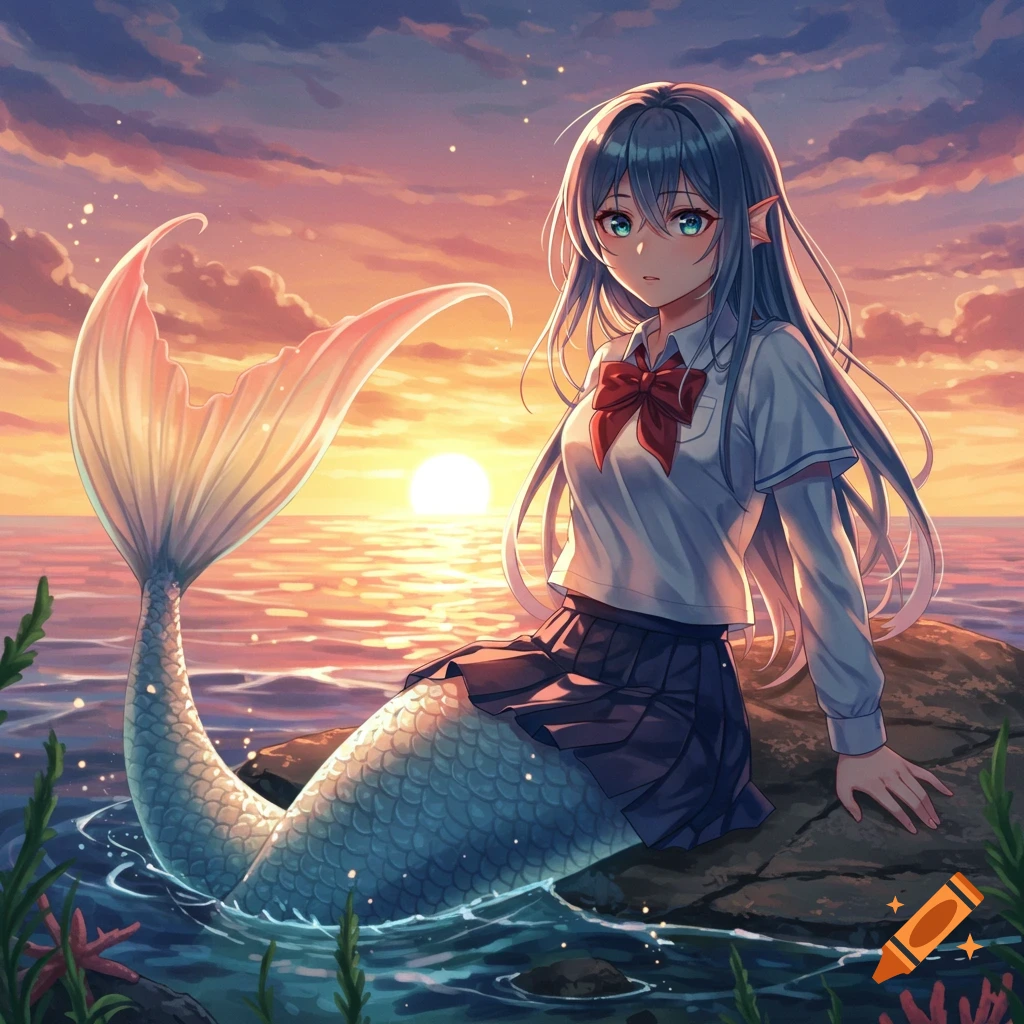 Anime mermaid in a school uniform with blue hair sitting on a rock in the ocean at sunset, with a shimmering tail.