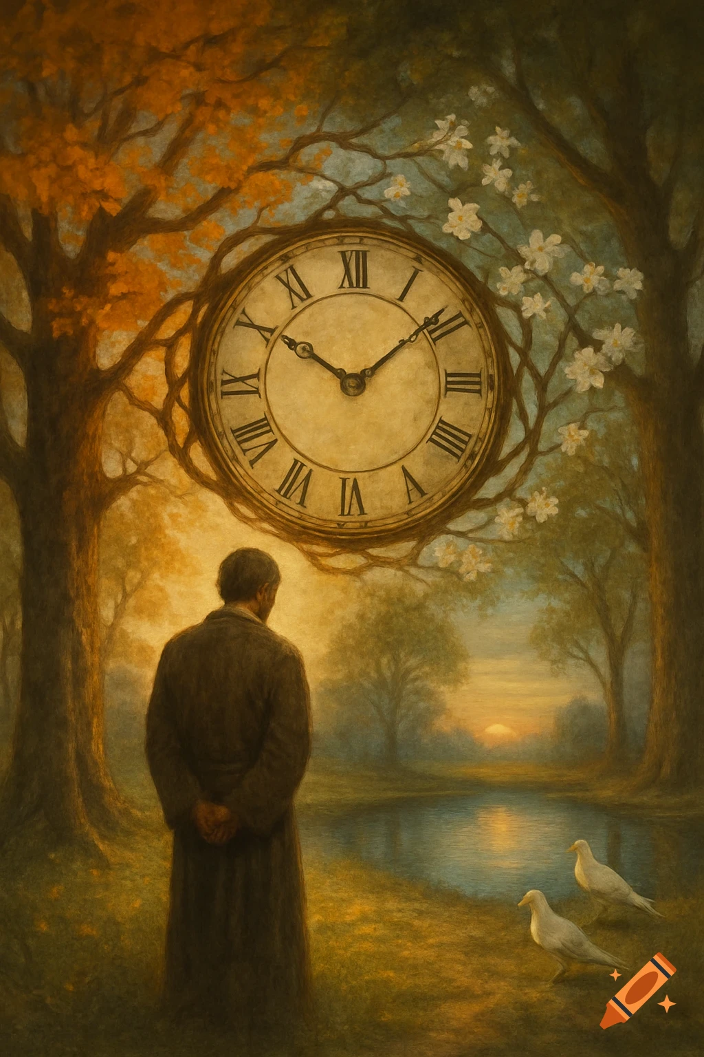 A man stands by a pond under a large clock suspended in trees with autumn and spring foliage, two white doves nearby in a symbolic painting.