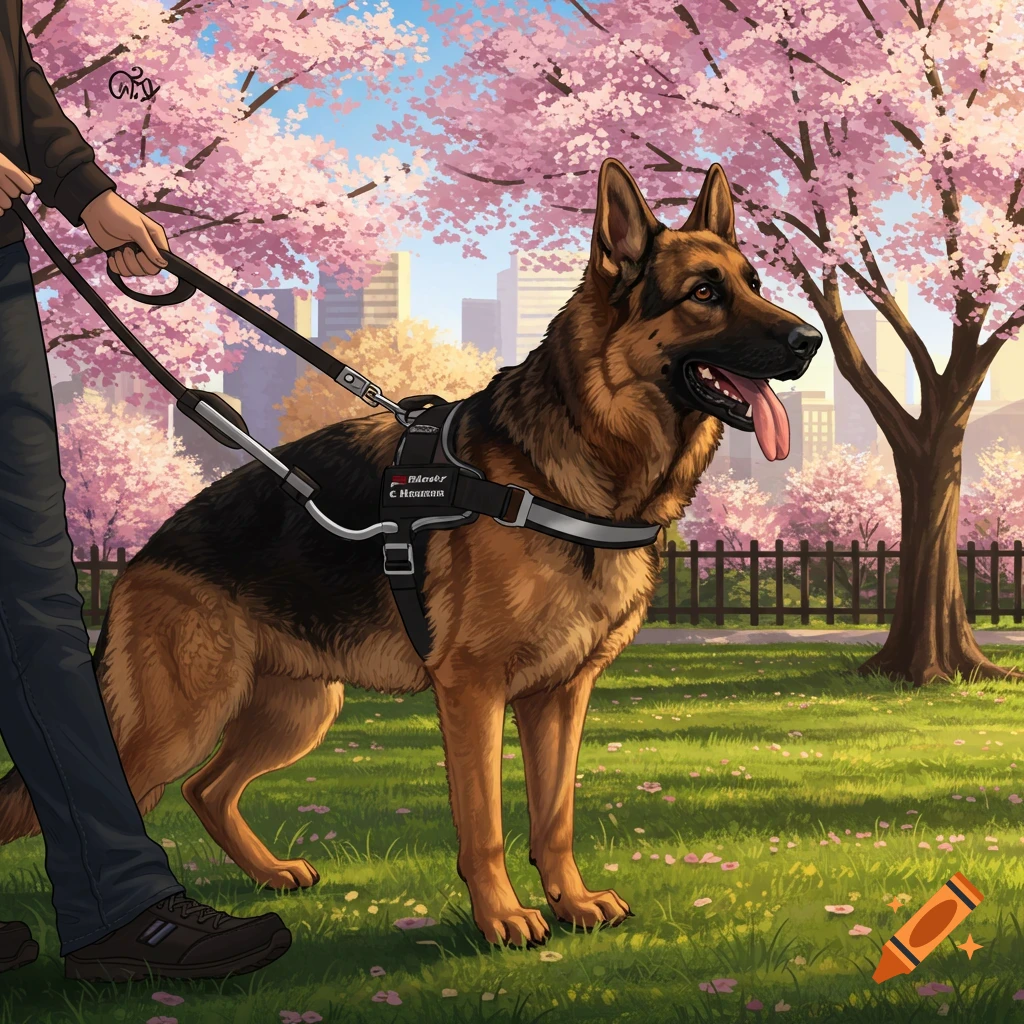 A German Shepherd dog on a leash, walking in a park with pink cherry blossom trees, in an illustration style.