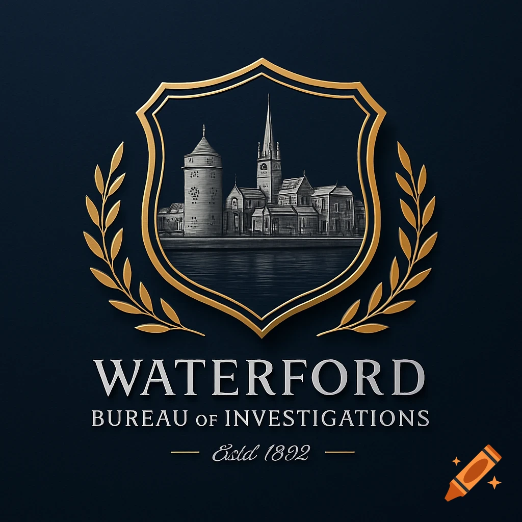 A vintage-style shield logo for Waterford Bureau of Investigations, featuring a golden crest, olive branches, and an illustrated town skyline on a dark blue background.