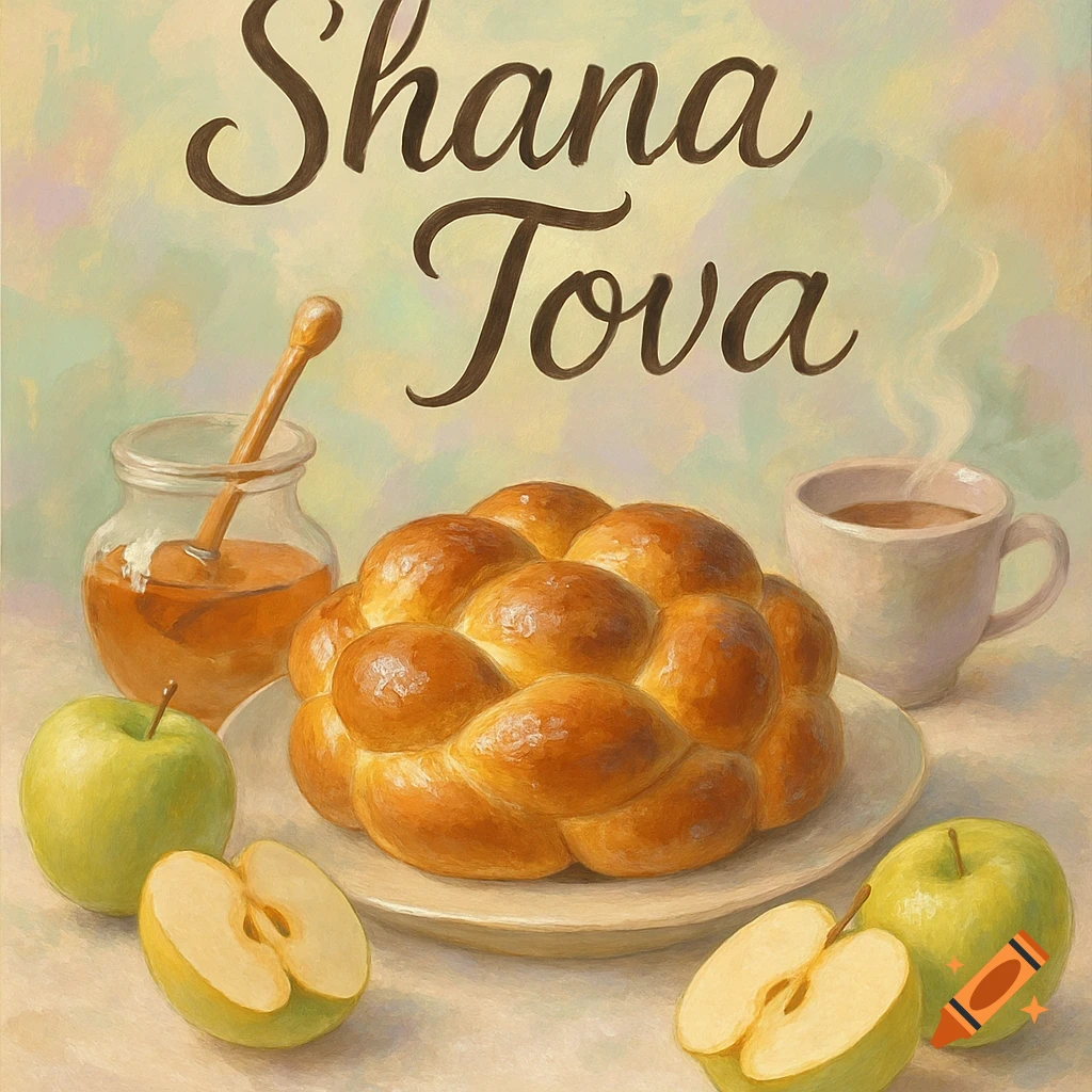 An illustration of round challah bread, green apples, and a jar of honey with a dipper. The text 'Shana Tova' is at the top, in a painterly style.