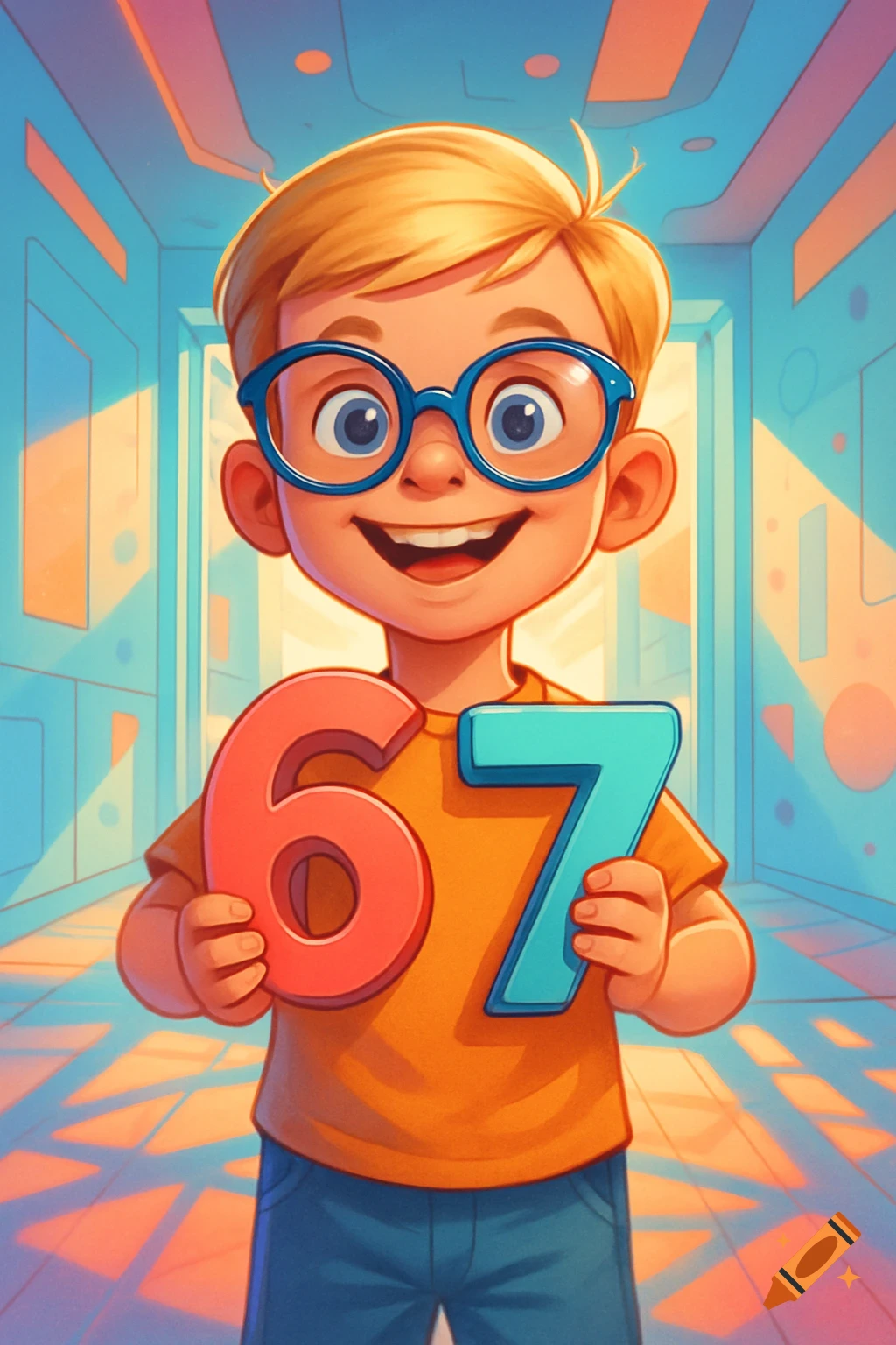 A happy cartoon boy with blonde hair and blue glasses, wearing an orange shirt and blue jeans, holding a large red '6' and a large blue '7' in a bright, colorful hallway.