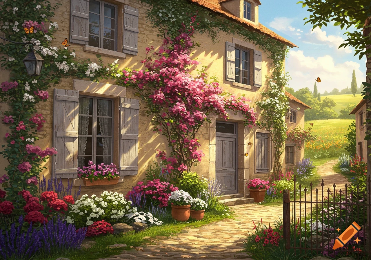 A charming stone house covered in vibrant pink and white climbing flowers, with a lush garden and sunny countryside path.