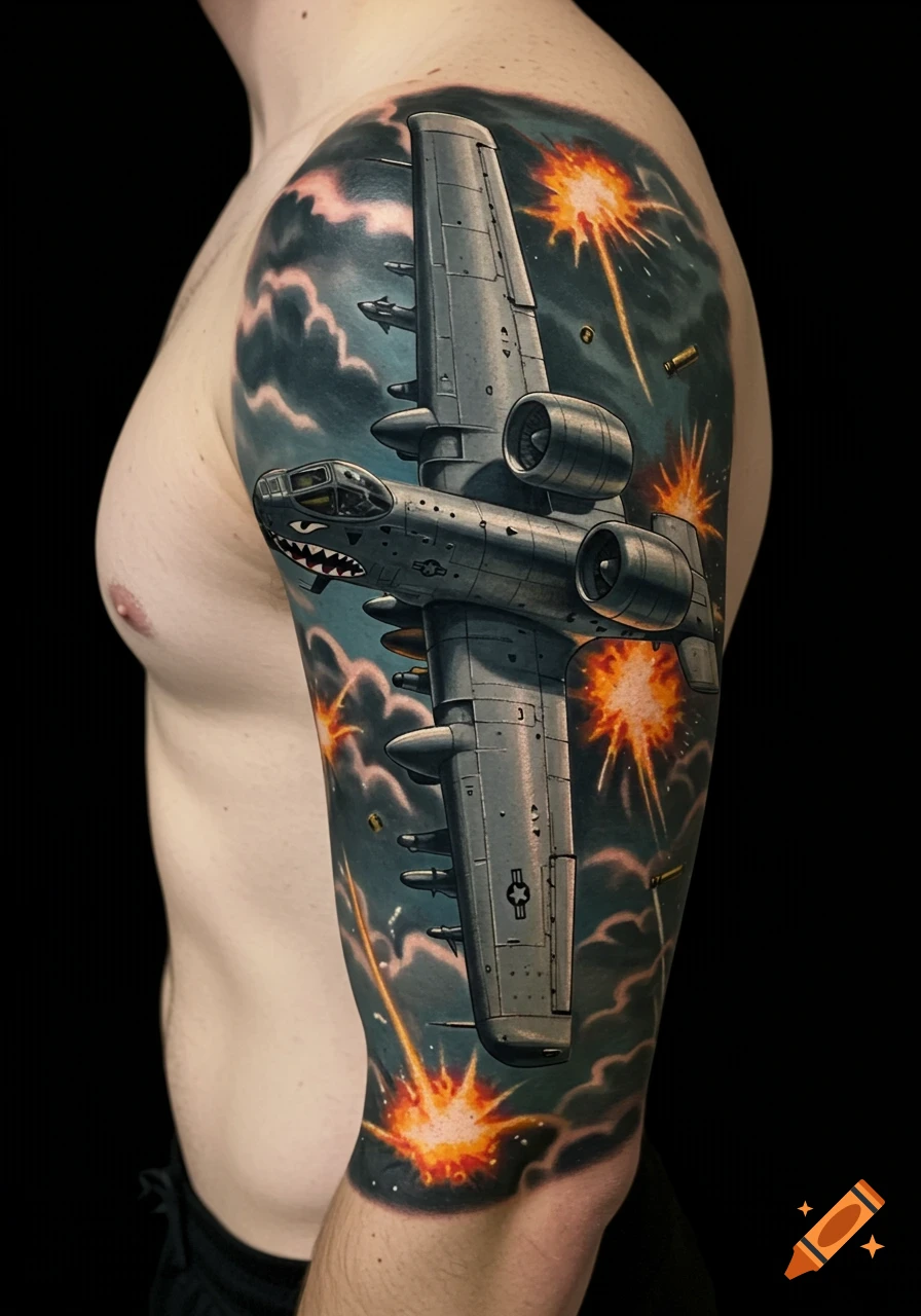 Detailed tattoo of an A-10 Warthog aircraft flying through explosions and clouds on a person's upper arm.