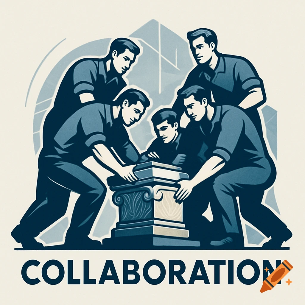Illustration of five men in blue shirts working together to place a cornerstone on a pedestal, with the word COLLABORATION below.