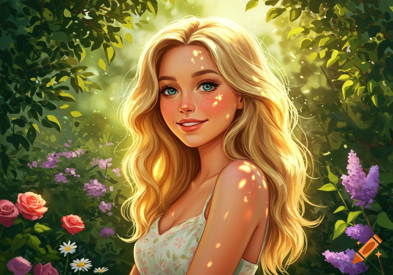 A vibrant illustration of a smiling blonde woman with blue eyes and freckles in a lush garden, sunlight dappling through leaves.