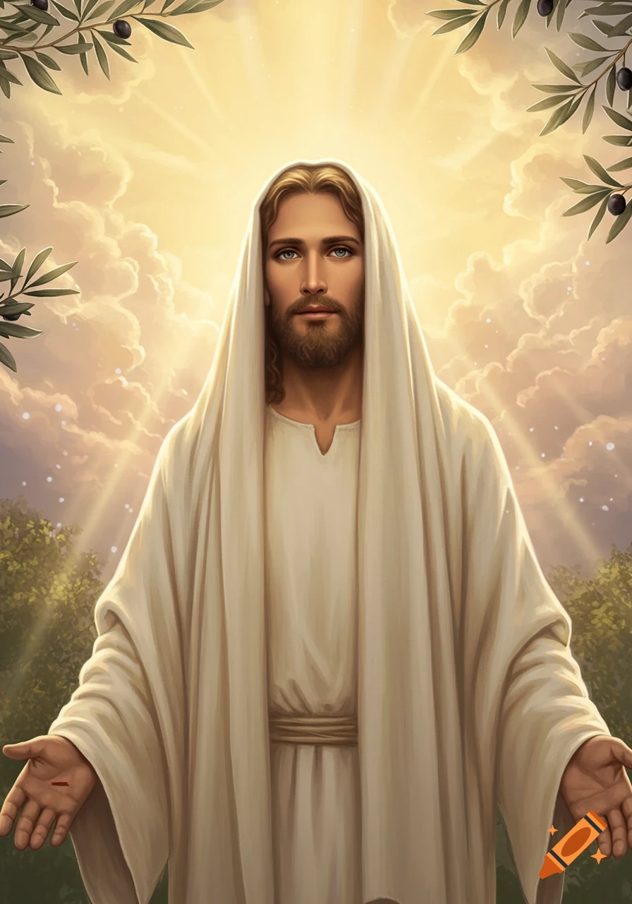 Illustrative portrait of Jesus with outstretched hands, divine light, clouds, and olive branches.