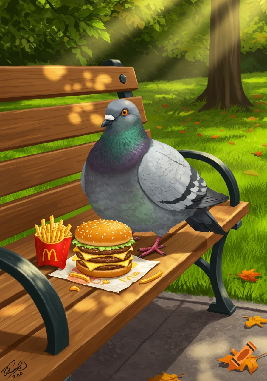 An illustrated pigeon sits on a park bench next to a triple-decker burger and a box of McDonald's fries, with autumn leaves scattered on the grass.