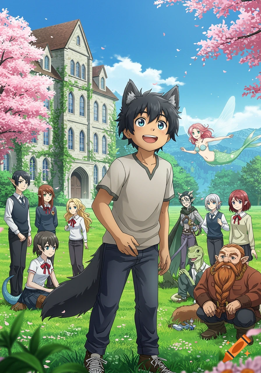 An anime scene of a happy wolf-boy in casual clothes standing in front of a medieval school, surrounded by diverse fantasy students including elves, a mermaid, a lizardfolk, and a dwarf, under cherry blossom trees.