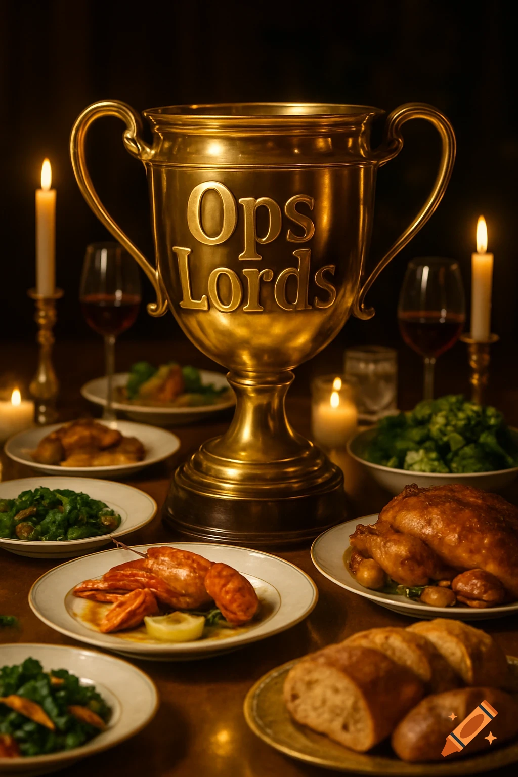Photorealistic image of a golden 'Ops Lords' trophy surrounded by a lavish feast of roasted chicken, lobster, bread, and green vegetables, lit by candles.