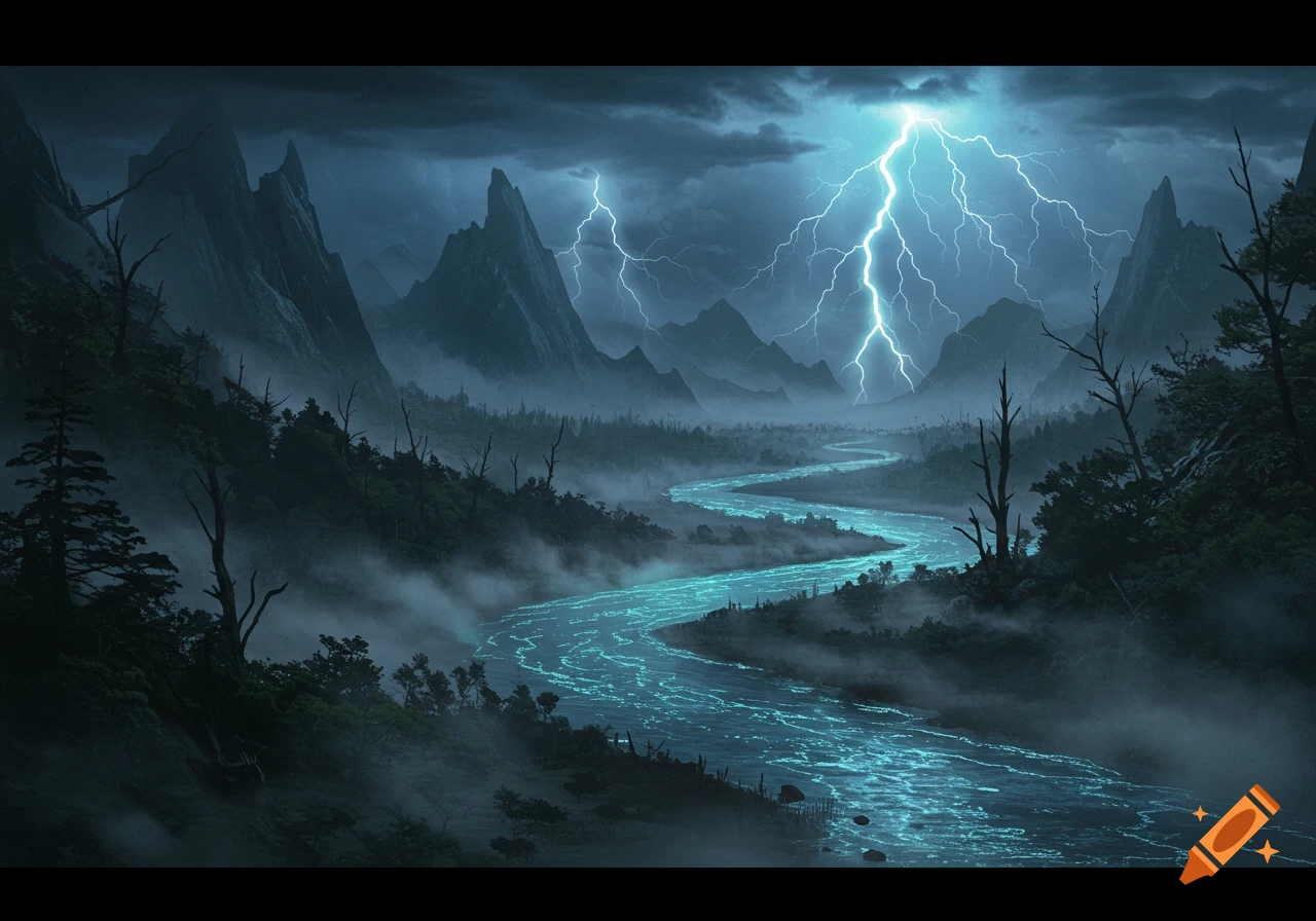 Dark, stormy fantasy landscape with jagged mountains, a winding glowing blue river, and bright lightning.