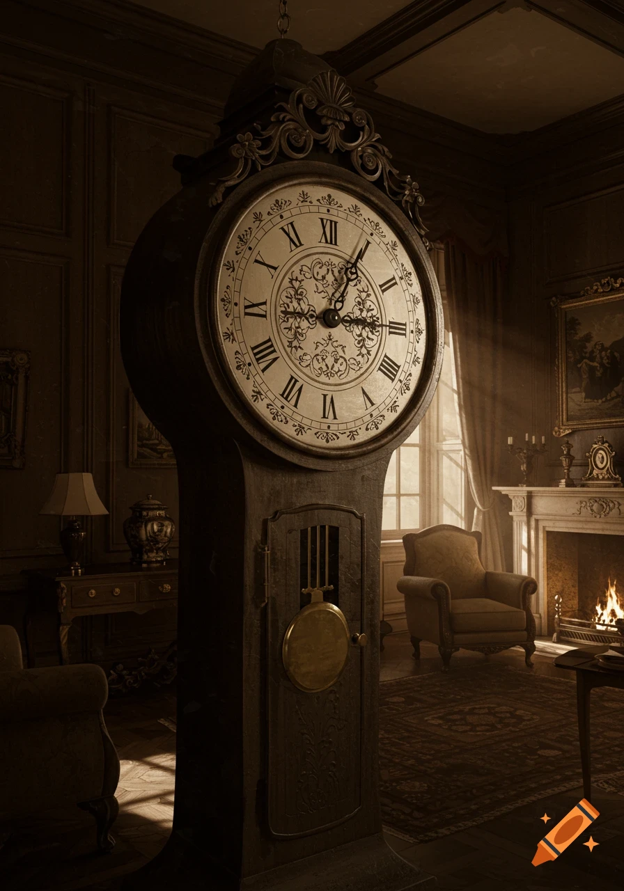 An ornate grandfather clock stands in a dimly lit, vintage room with a fireplace, armchair, and sunlight streaming through a window.