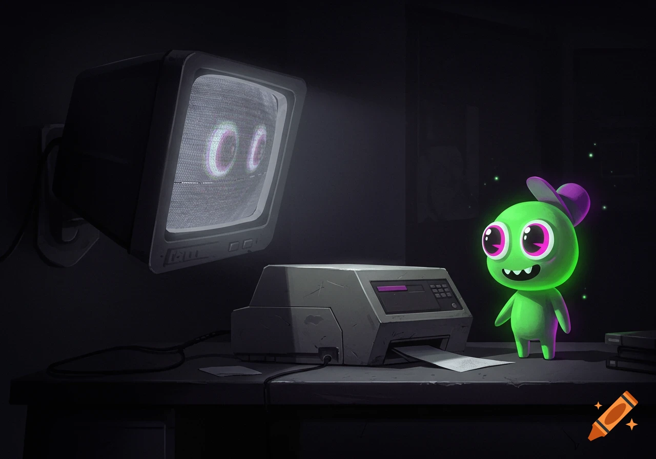 A glowing green cartoon character with big eyes and a purple hat stands next to an old printer and a pixelated monitor showing two glowing circles, in a dark room.