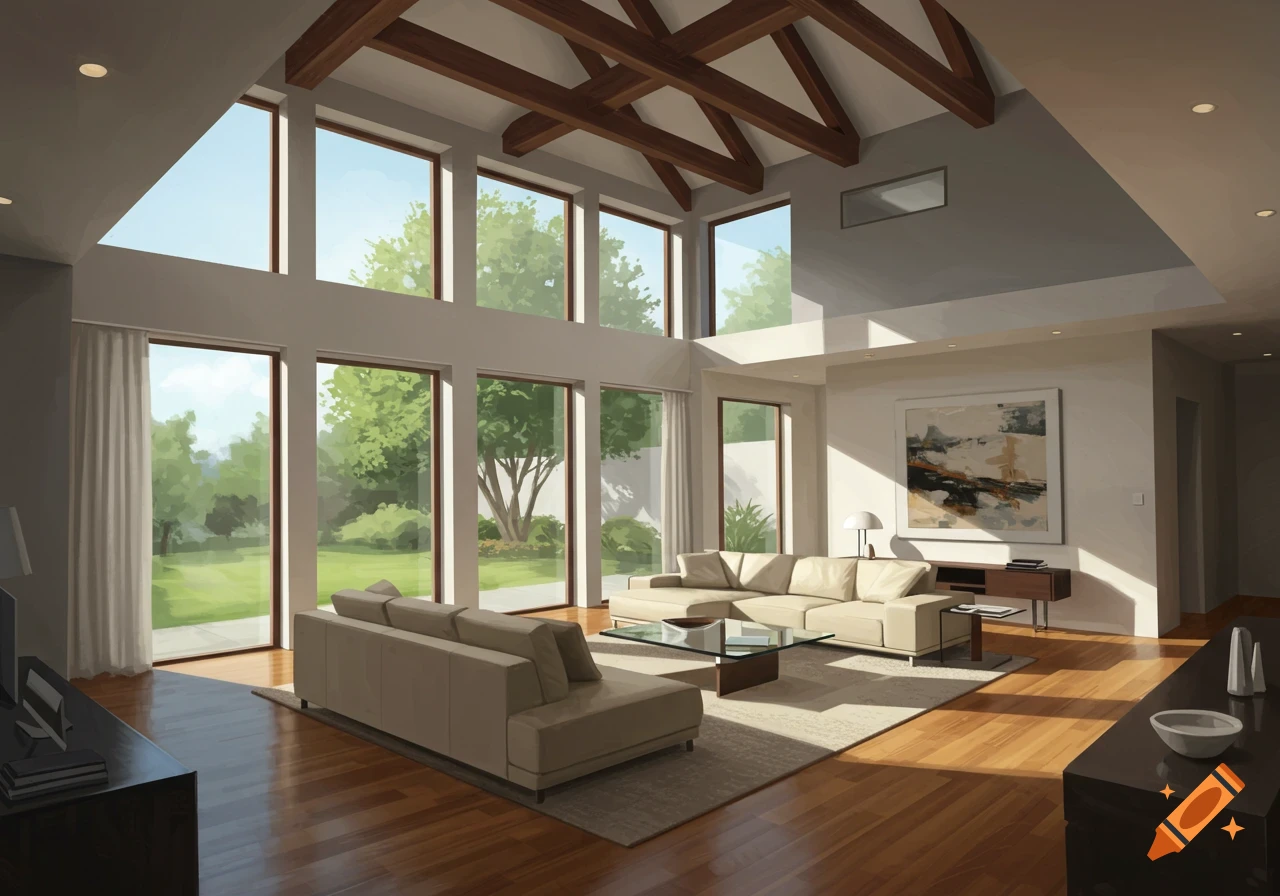 Spacious modern living room with large windows, light sofas, wood floors, and vaulted ceiling, overlooking a green garden.