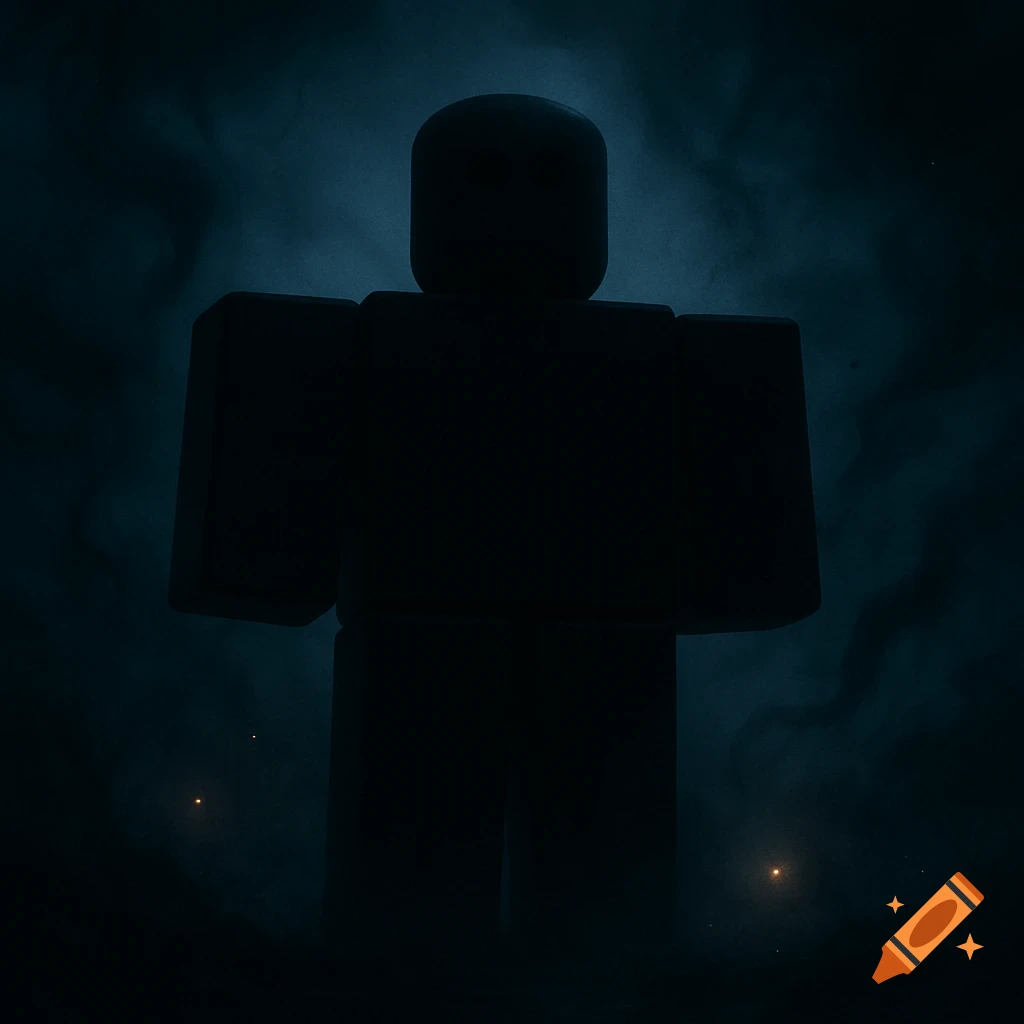 A dark, silhouetted Roblox-style figure stands against a smoky, blue-black background with subtle glowing specks.