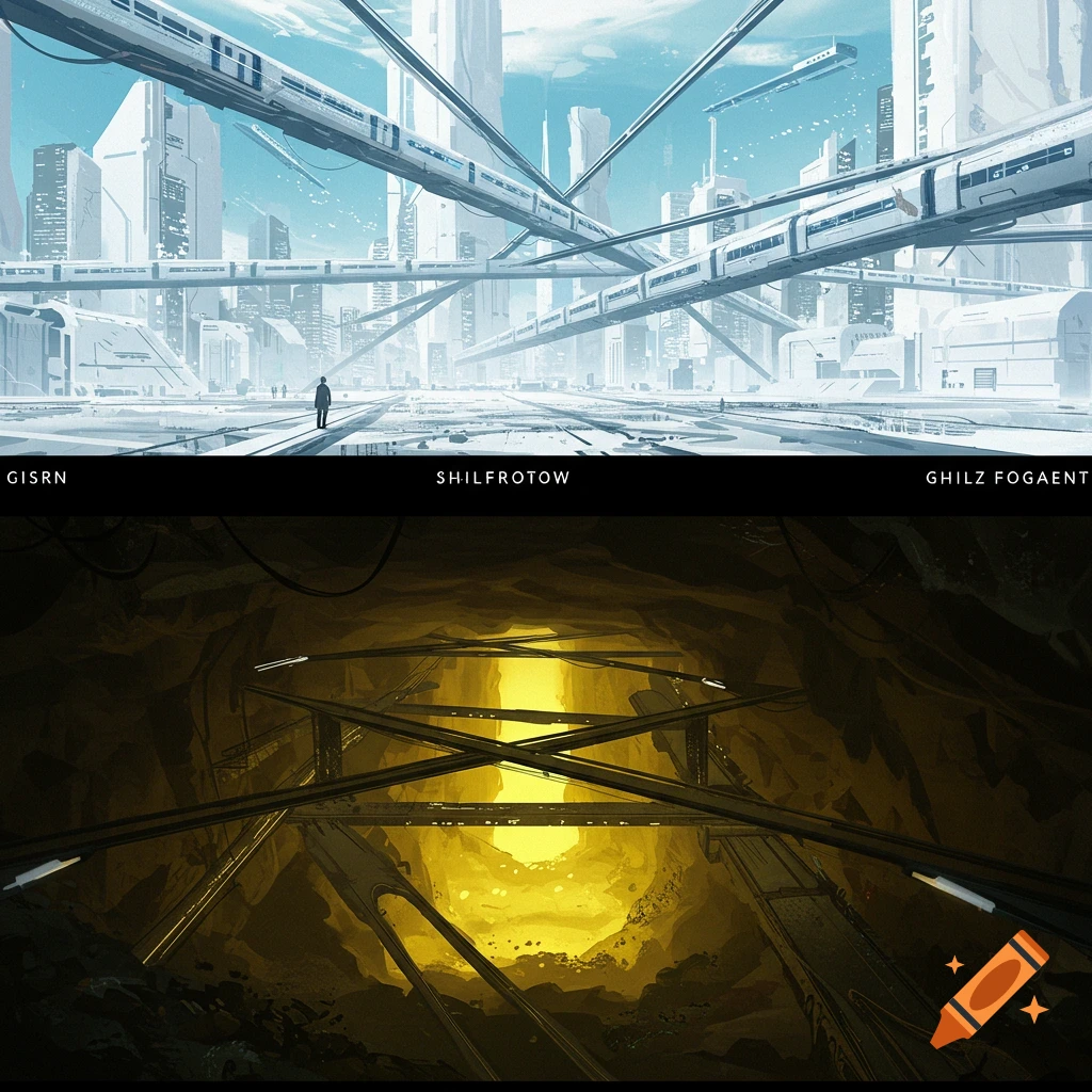 A split image showing a bright, futuristic cityscape with elevated trains above and a dark, abandoned underground cavern with glowing yellow light below.
