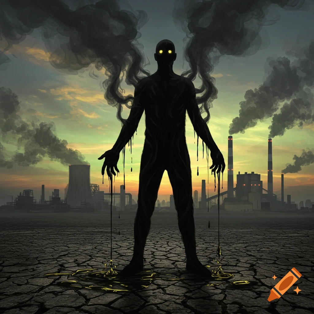 Shadowy figure with glowing eyes and smoke stands on cracked earth, dripping oil, in front of polluting factories at sunset.