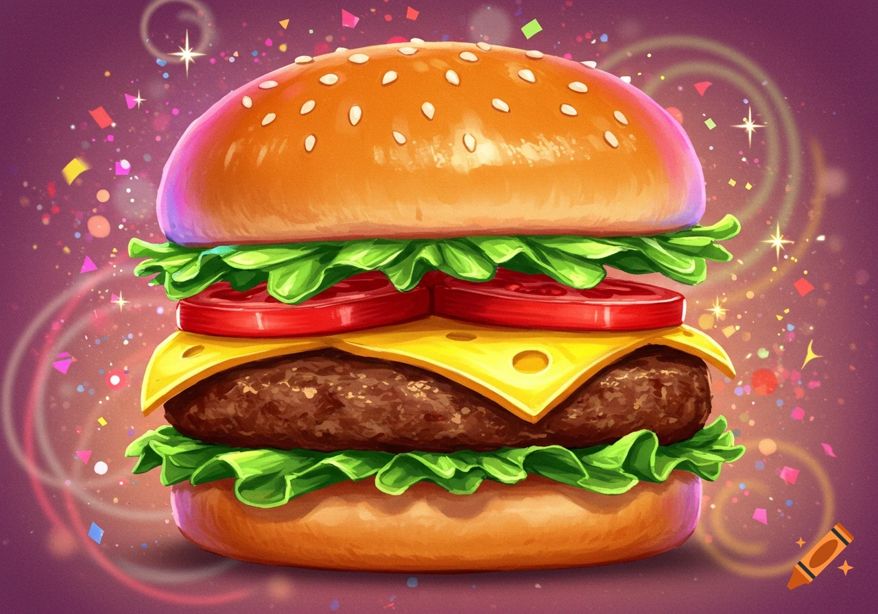A vibrant, stylized illustration of a hamburger with lettuce, cheese, tomatoes, and a sesame seed bun, against a purple background with confetti and sparkles.