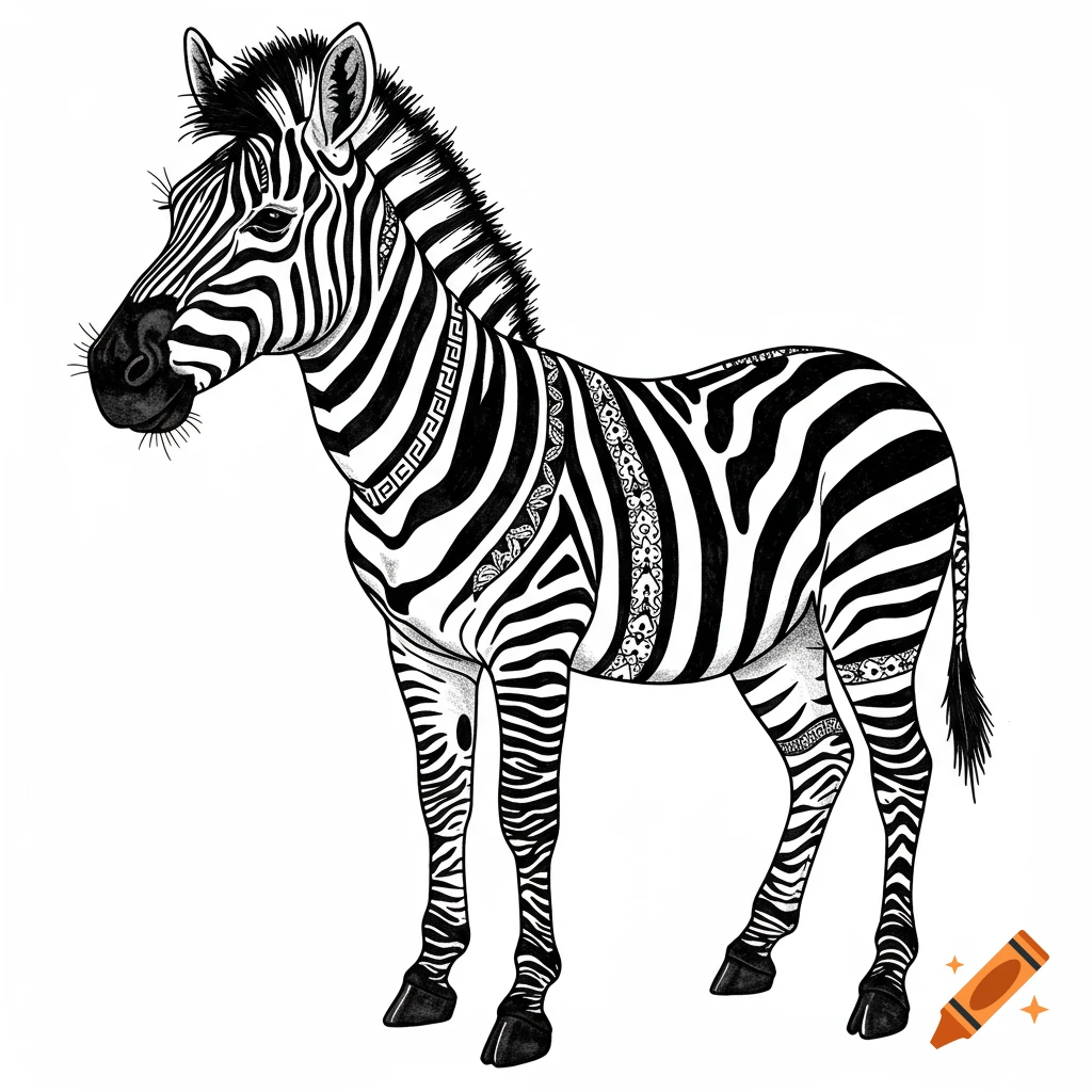 Black and white illustration of a zebra in a tattoo stencil style, featuring decorative patterns like Greek key designs within its stripes.