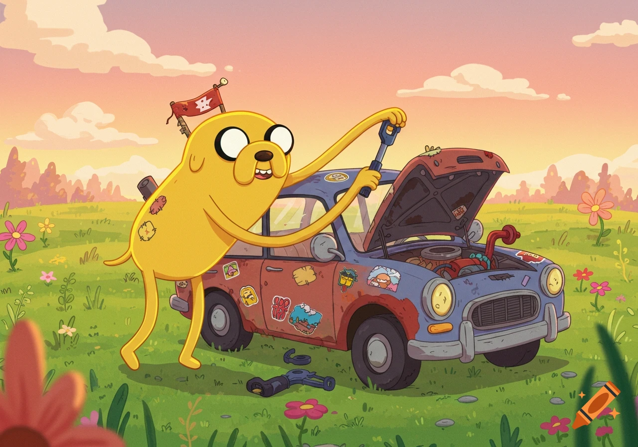 Jake the dog from Adventure Time, a yellow stretchy cartoon character, working on a rusty blue and red car with its hood open in a green grassy field with flowers, under a sunset sky.