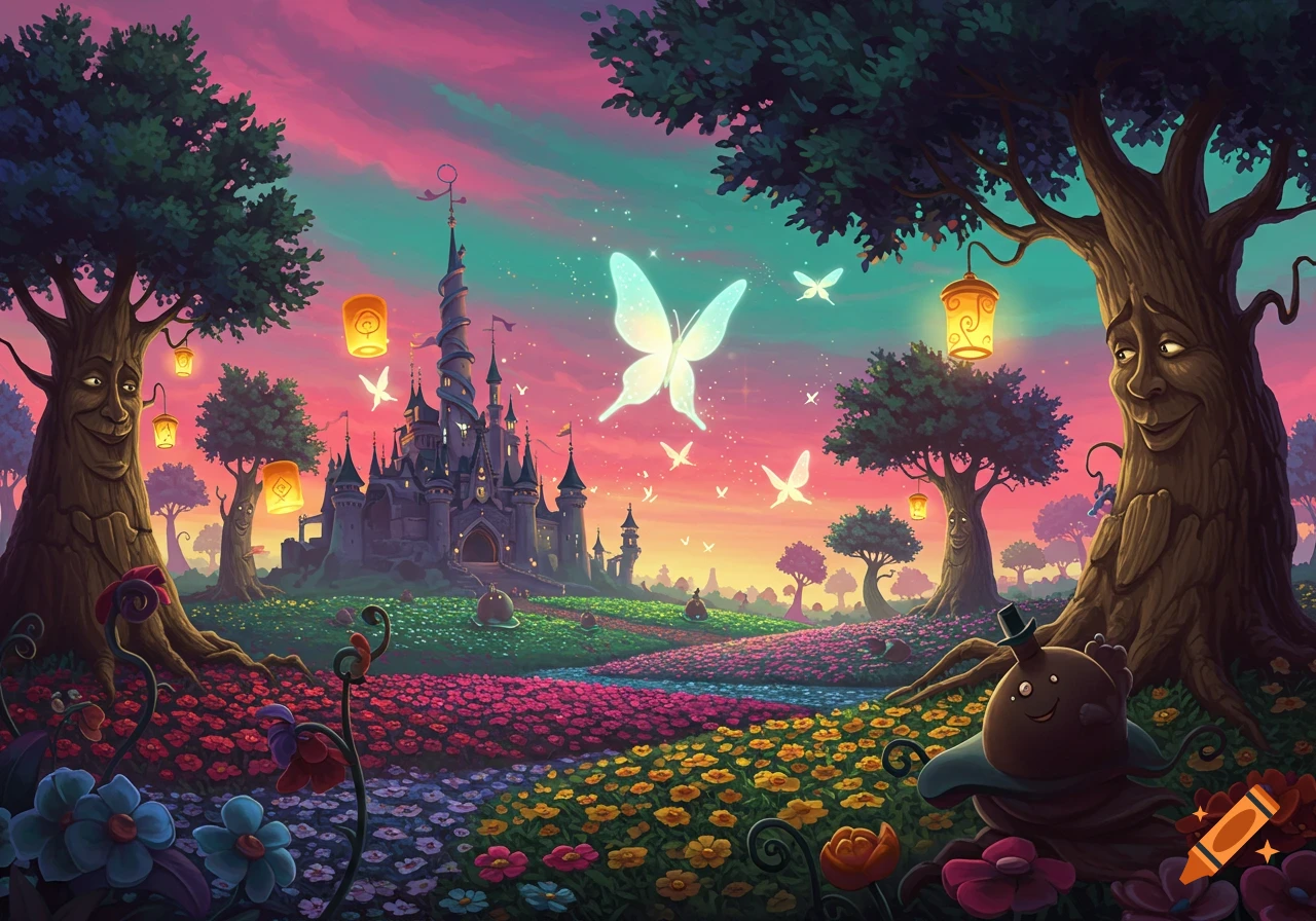 A vibrant fantasy landscape with a fairytale castle, glowing butterflies, and smiling anthropomorphic trees under a pink and teal sky.