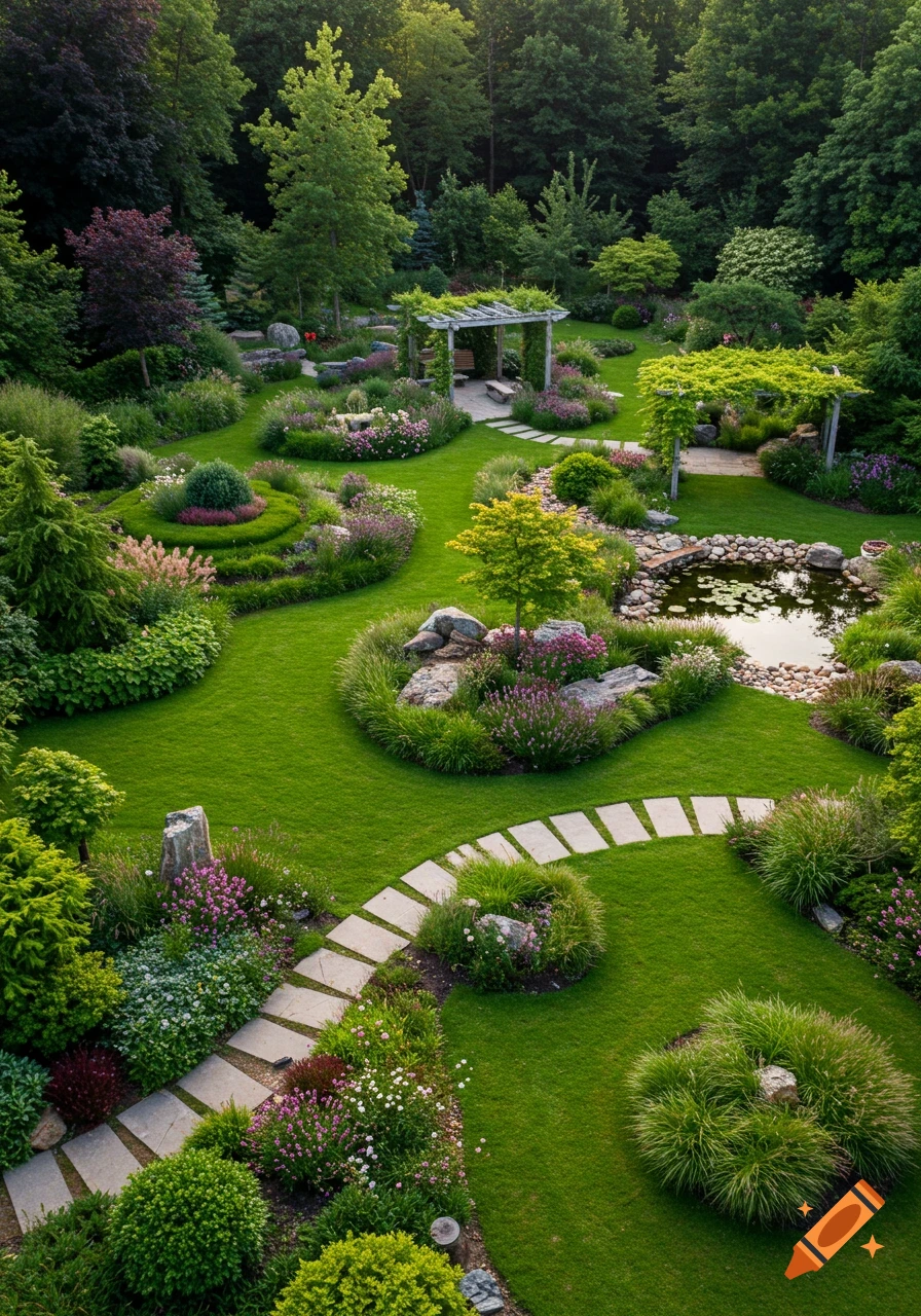 Aerial view of a lush, vibrant garden with winding green lawns, diverse flower beds, stone paths, a small pond, and vine-covered pergolas, surrounded by dense trees.