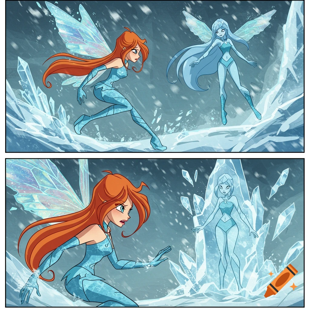 Two comic panels show Bloom, a fairy with red hair and wings, being encased in ice by magic in a snowy setting.
