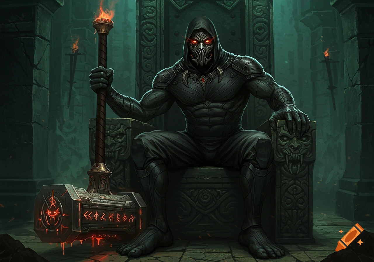 A masked, armored figure with glowing red eyes sits on a stone throne, holding a giant, glowing hammer in a dark, fantasy setting.