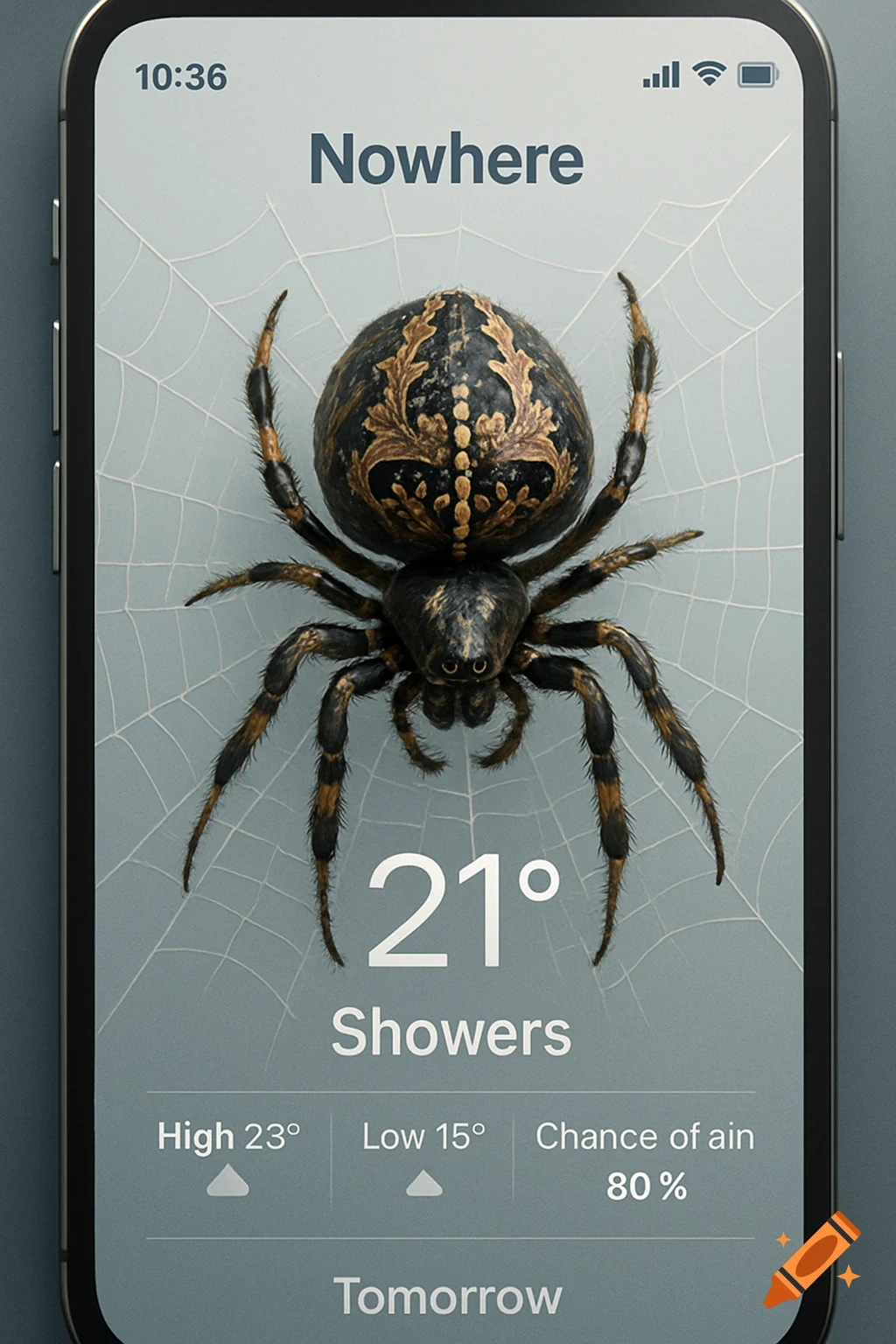 A smartphone screen displays a weather app with a large, ornate spider on a web, showing 21 degrees and 'Showers'.