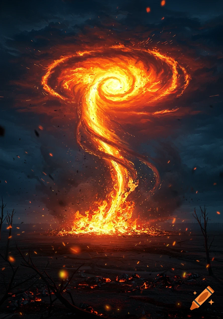 A massive, swirling fire tornado rises from a scorched landscape under a dark, stormy sky, with embers flying.
