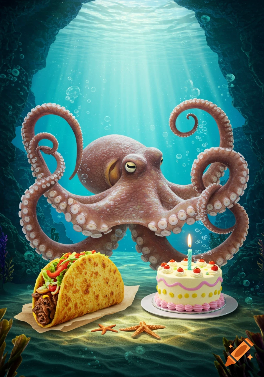 A photorealistic image of an octopus underwater with a beef taco and a lit birthday cake on the sandy bottom.