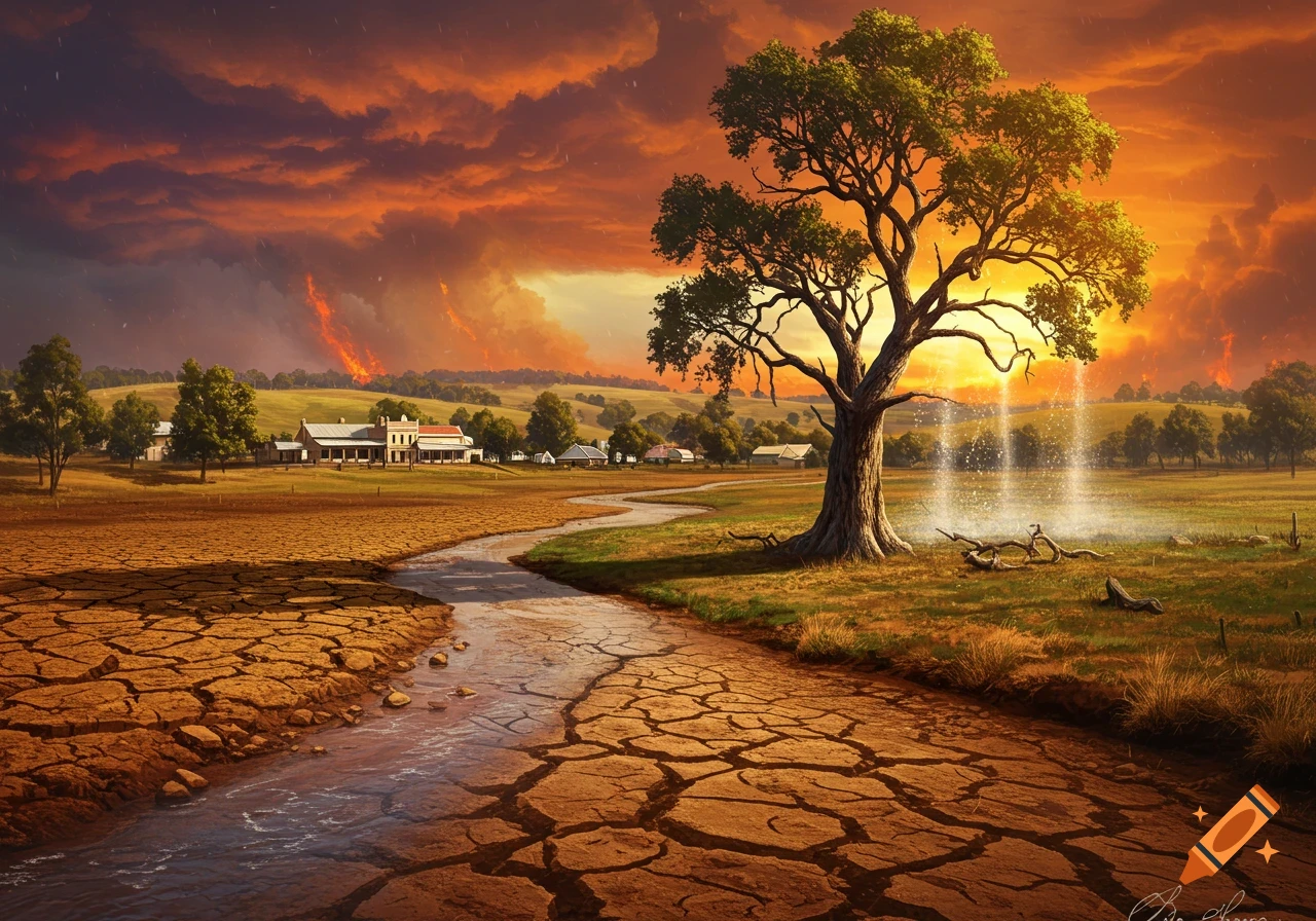 A magical tree waters a parched landscape under a fiery sunset sky with bushfires in the distance, beside a dry riverbed and distant houses.