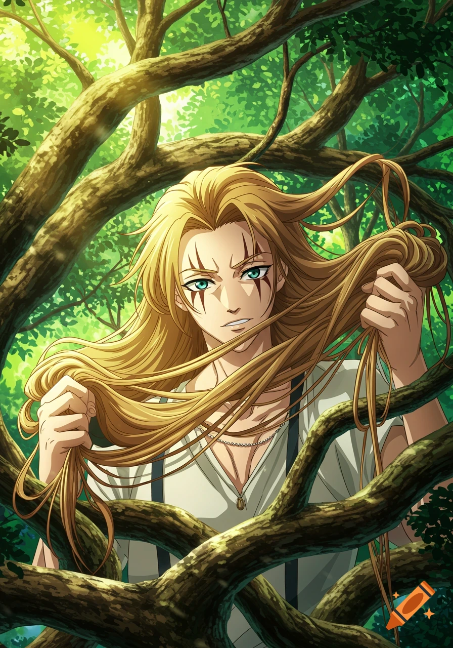 Anime character with long blonde hair tangled in tree branches in a lush green forest.