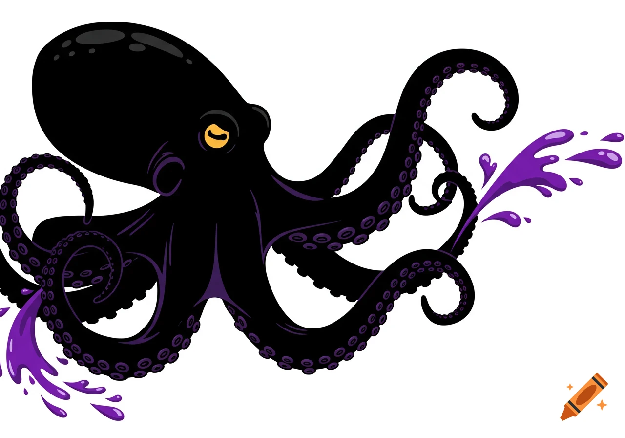 A stylized black octopus with yellow eyes expelling purple ink from its tentacles.