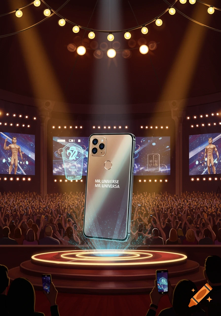 An illustration of a large smartphone levitating on a lit stage in an arena, with a crowd watching. Screens in the background show male bodybuilders and digital graphics. The phone displays "MR. UNIVERSE MR. UNIVERSA".