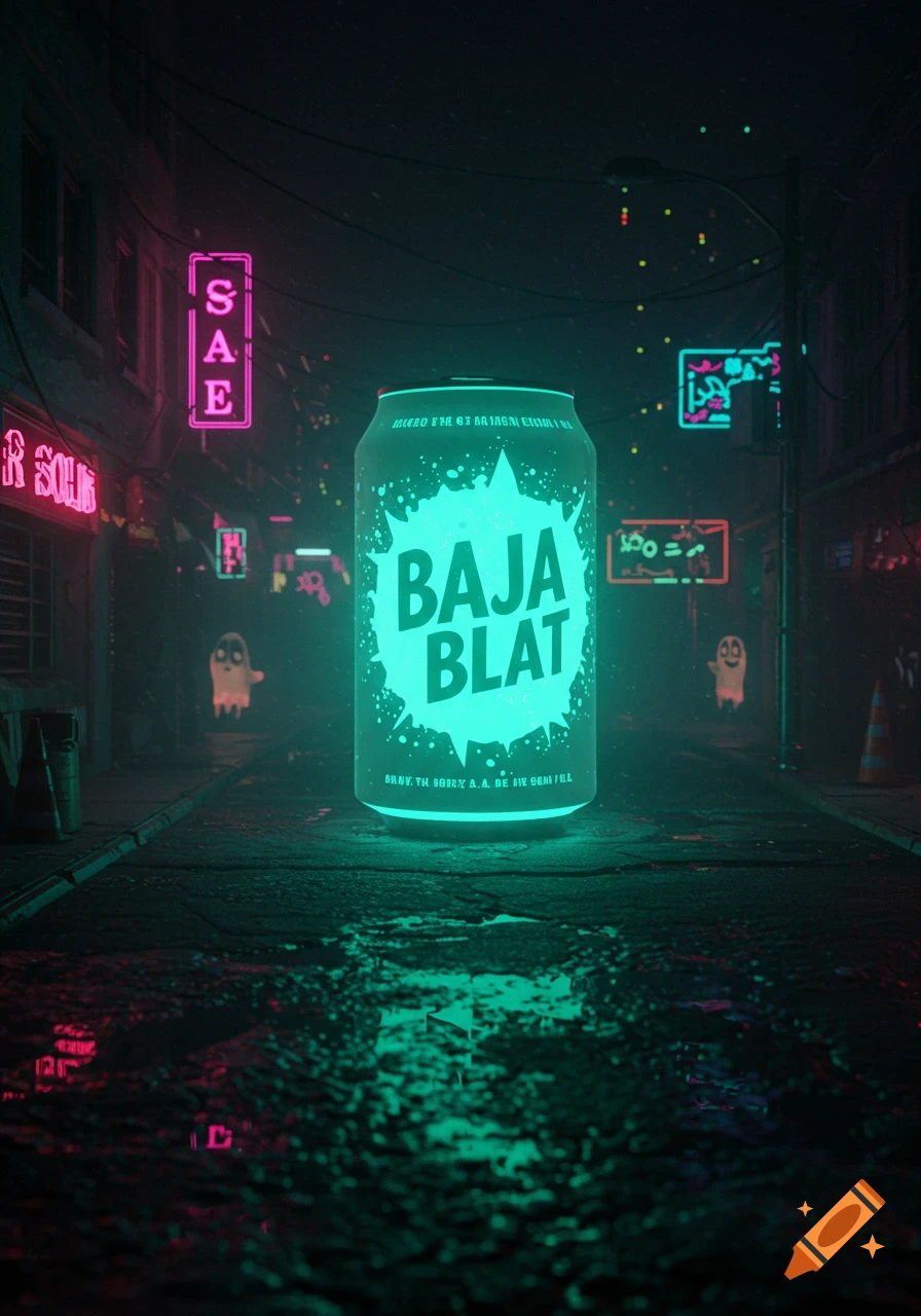 A glowing cyan 'Baja Blat' soda can sits on a wet, dark street in a dystopian city alley at night, surrounded by neon signs.
