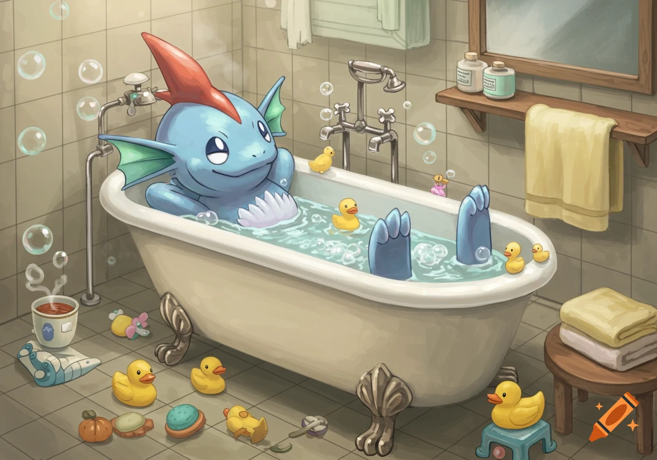 A blue, fish-like Pokémon with red and green fins happily bathes in a bathtub filled with bubbles and rubber ducks, in a cartoon style.