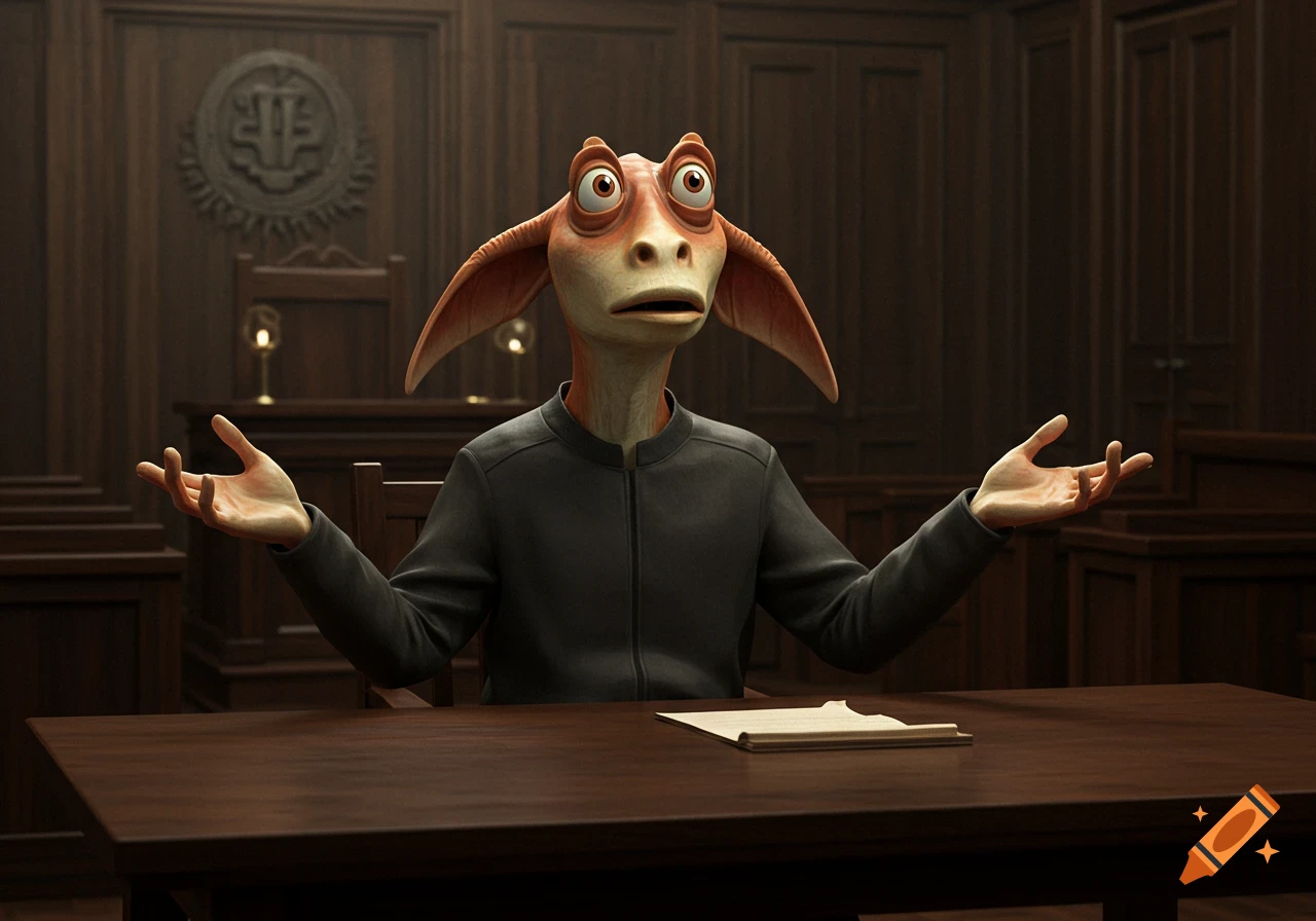 Jar Jar Binks sits at a wooden table in a formal courtroom, shrugging with his hands raised.