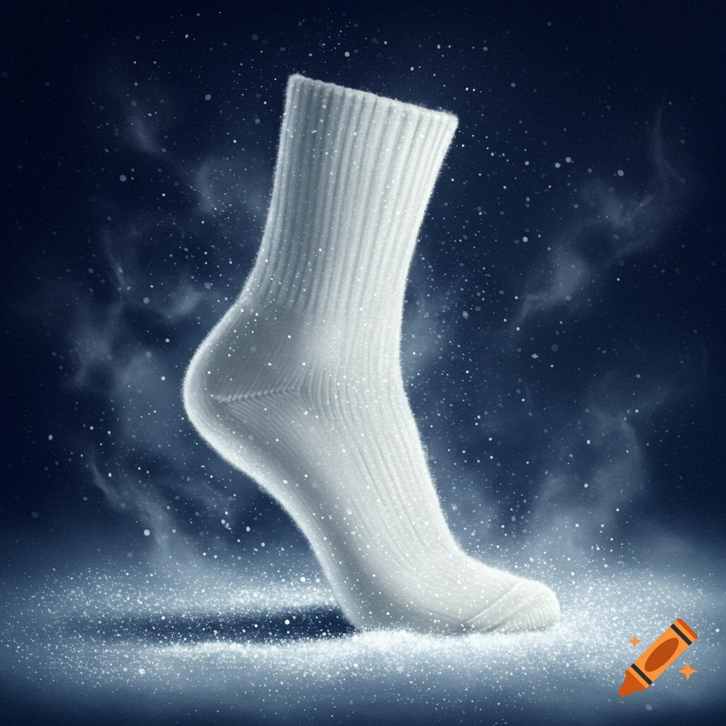 A clean white ribbed sock stands upright in a misty, snowy environment against a dark blue background.