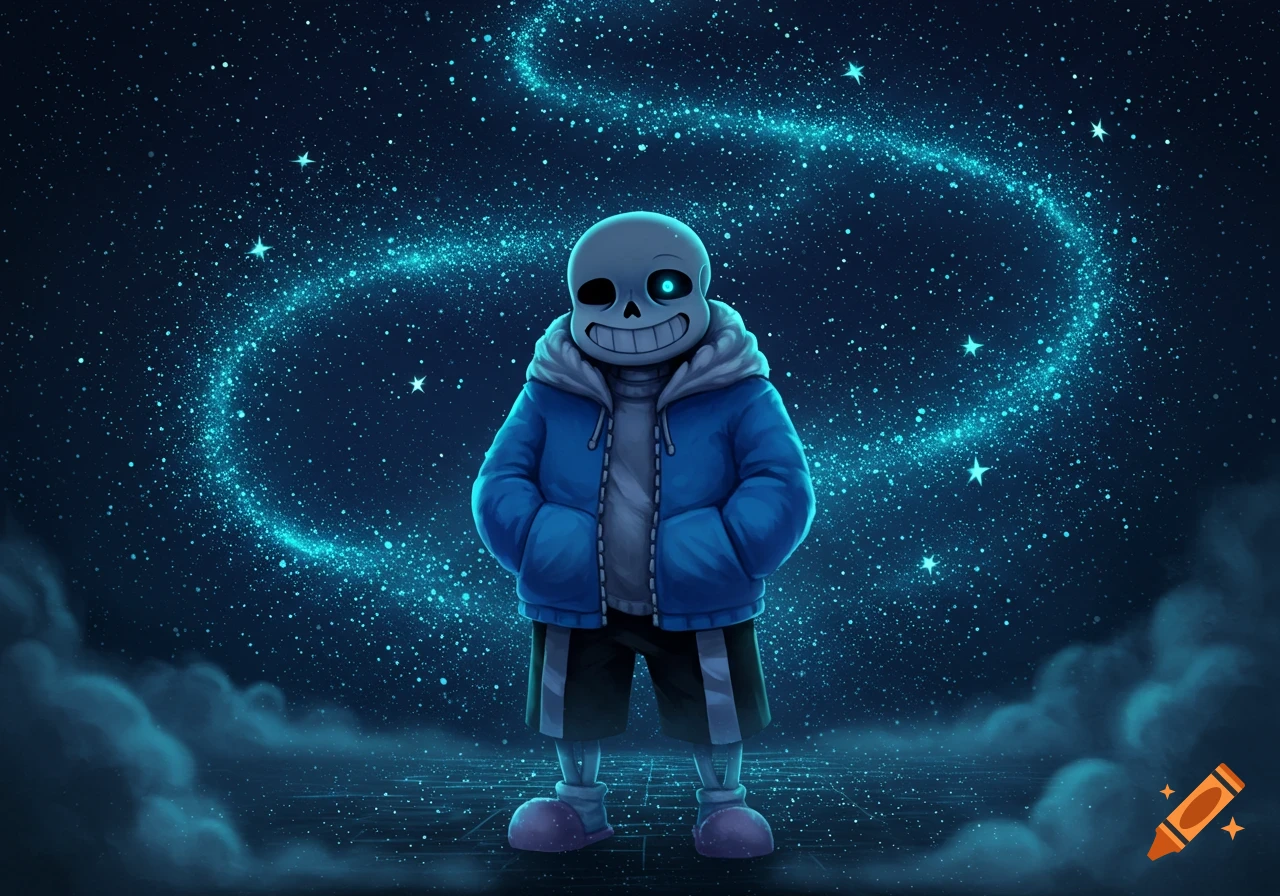 Sans, a grinning skeleton in a blue jacket, stands in a vibrant blue starry space.