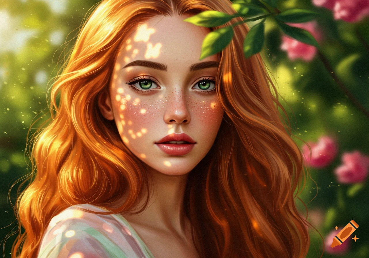 Stylized portrait of a beautiful woman with long auburn hair, green eyes, and freckles, bathed in dappled sunlight with a leafy background.