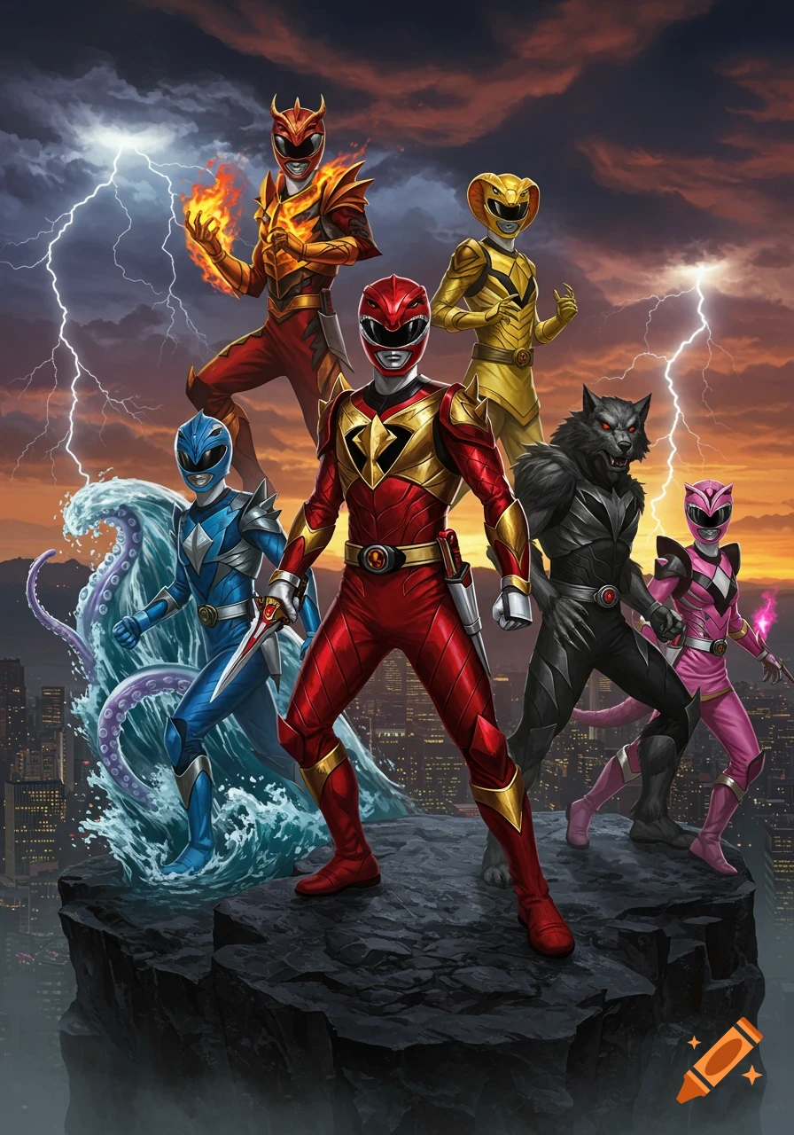 A team of six Power Rangers-like superheroes with creature-themed armor, standing heroically on a rock above a city at sunset with lightning.