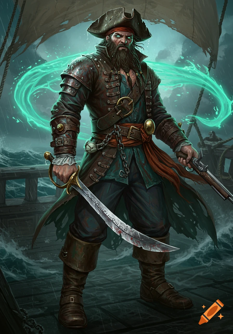 A fierce bearded pirate with glowing green eyes, wearing a tattered coat and hat, holds a sword and pistol on a stormy ship deck.