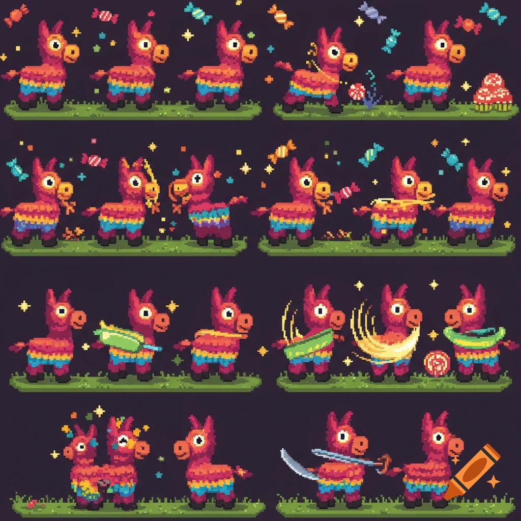 A 16-bit pixel art sprite sheet featuring multiple colorful piñatas in various poses on green grass, surrounded by candy and stars.