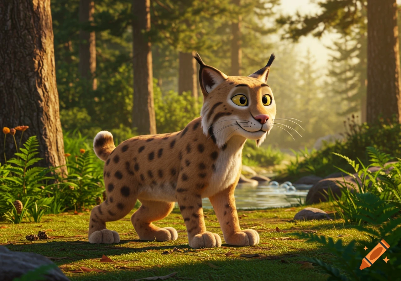 A cute, stylized cartoon bobcat with yellow eyes stands in a sunlit forest next to a stream.
