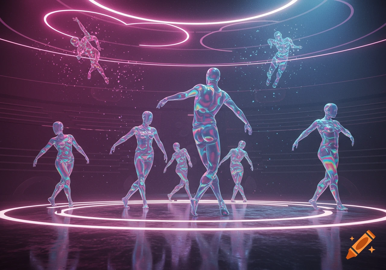 Iridescent abstract humanoid figures dance in a dark, futuristic space with glowing pink and blue neon rings.